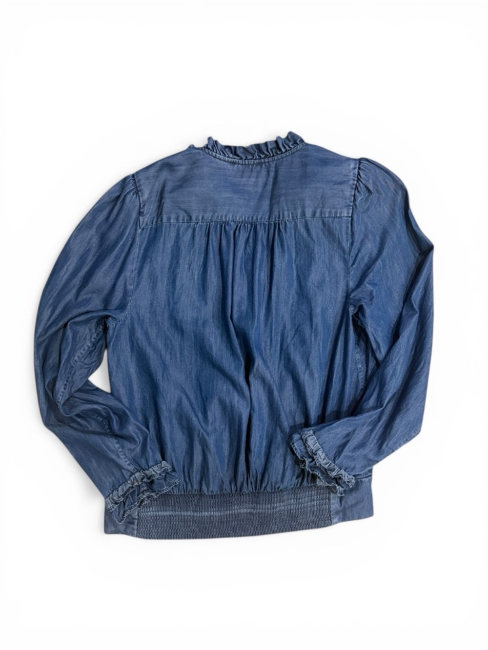 KARL LAGERFELD Boho Women’s PARIS Ruffle Trim Chambray Blouse blue Medium - Picture 2 of 8
